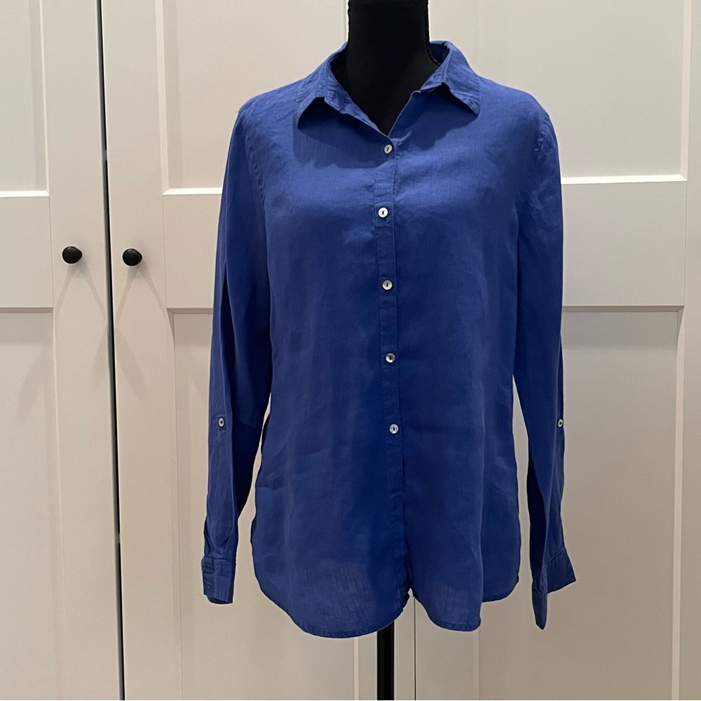 Jones New York Royal Blue Button-Down Shirt 100% Linen Normcore Classic Size M
